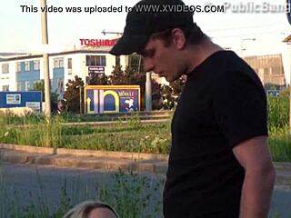 pretty blonde girl joins public street gangbang threesome