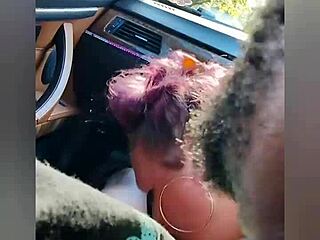 A curvy MILF almost gets caught while giving a blowjob in a parking lot