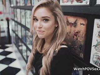 Girlfriend caught in action at tattoo studio.