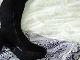 Wife in boots shows shaved pussy and small tits solo