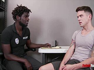 Gay BDSM scene with an interracial couple and a police officer