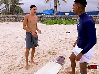 Hot gay surfer gets some anal action on the beach