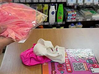 Asian Ladyboy Boldly Shows New Thong In Convenience Store With Stockings