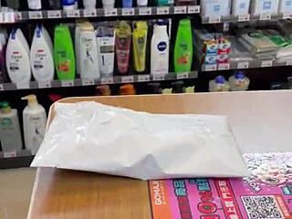 Asian Ladyboy Boldly Shows New Thong In Convenience Store With Stockings