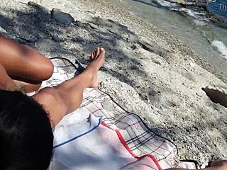 public beach fun with wife jerking and sucking me off