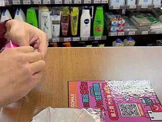 Solo Asian ladyboy in stockings buys thong at the convenience store
