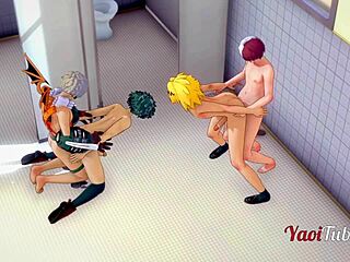 Deku and Bakugou in wild 3D yaoi orgy at school restroom