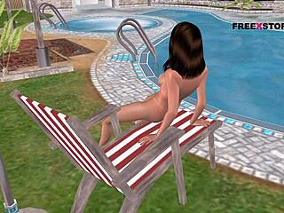 Animated 3D Cartoon Shows Cute Girl Masturbating with Bottle Near Swimming Pool in Hentai Scene