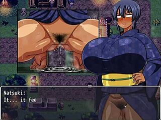 Tanned girl Natsuki in hentai game ep 35 pees exhibitionist, wetting her pussy.