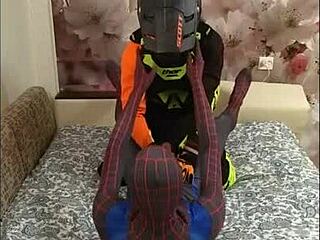 spiderman in spandex gets fucked by the biker