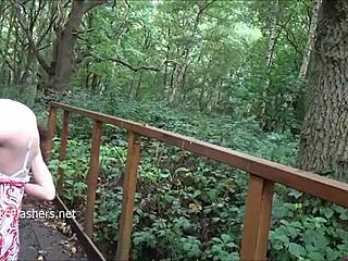 Mature redhead flashes and masturbates outdoors!