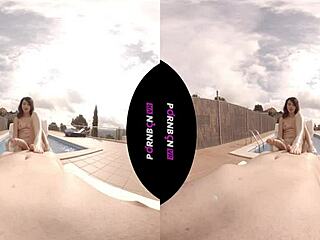 My young nympho neighbor enters the community pool horny and wants to fuck outdoors in POV Latina VR