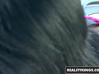 Juicy Jeny Snow gives a street blowjob to Peter Green