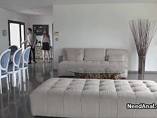 Why fill this hairy teen 18+ coed's tight ass with hardcore anal on the uniform sofa?