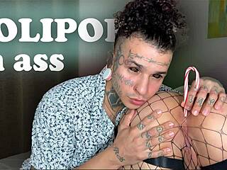 brunette worships ass with candy play