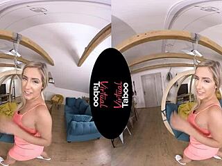 Virtual reality porn with a taboo theme featuring a blonde-haired starlet