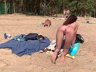 A naked woman urinates while pleasuring herself in a public place