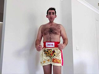 Step gay dad, the kickboxer, remembers 80s movies turning him on, now grown with fat juicy cock to try fetish play.