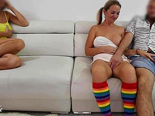 Girlfriend Invited to Watch Movie Sees Her Friends Start Masturbating Together. She Joins Couple in Homemade Boobs and Cum Action.