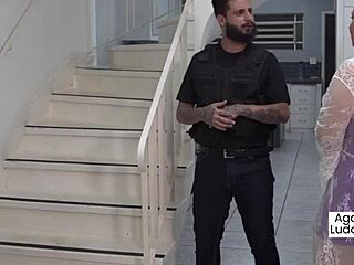 Latina cop busts two young girls banging at wild party.