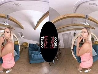 Virtual reality porn with a taboo theme featuring a blonde-haired starlet