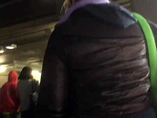 Touching the brown nylon jacket of the chubby girl pt 1