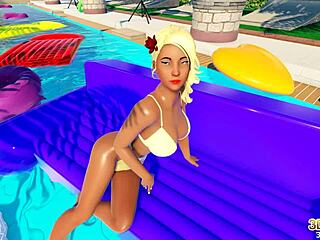 Big-boobed blonde shemale has pool sex with horny redhead