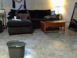 horny gay nudist jerks off while cleaning beach house.