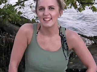 Skinny blonde teen shows off in public beach striptease