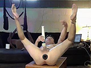 horny gay nudist jerks off while cleaning beach house.