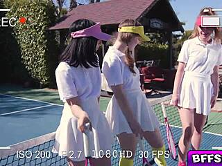 brunette besties feel jealousy during outdoor tennis lesson with stud