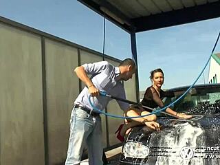 Pretty young French babe says 'fuck my ass hard in the carwash'