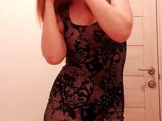 Milf in tight dress sucks dildo and fingers wet pussy in restroom