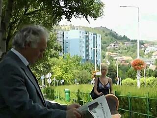 blonde woman in crossdressing role with older man