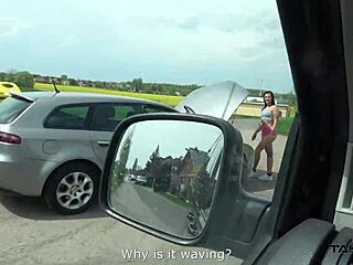 dirty brunette whore smashed doggystyle in car with missionary sex