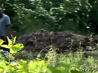 A horny German couple has sex outside