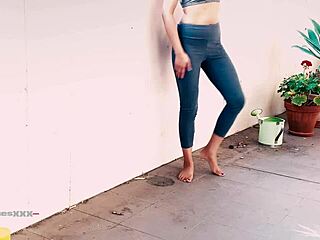 Asian tina desperate to pee on balcony in leggings