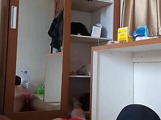 Sexy gay wearing red cd and mask play anal with toys dildo