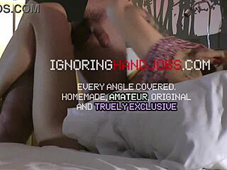 Sexy brunette secretary gives handjob in hotel room for precum milking