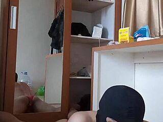 Sexy gay wearing red cd and mask play anal with toys dildo