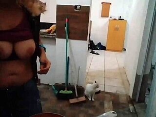 stella says 'want to see my big tits in kitchen?'