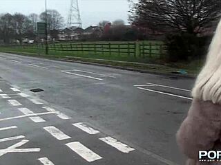 british petite babe flashes perky tits and pisses in public reality scene