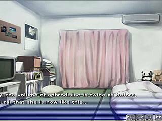 In the apartment of love episode five, he gropes her in the anime hentai game.