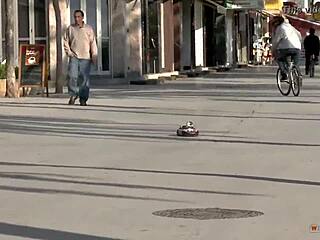 Hard cock enters wet pussy in public