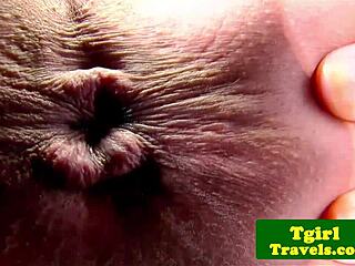 Oriental shemale masturbates in close-up solo session