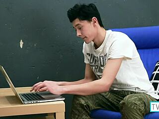 dark haired gay teen logan strokes his huge hard cock in socks