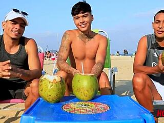 two guys team up for interracial double penetration on safado in gay threesome with big cocks