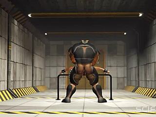 Sci-fi bunker BDSM with cuffed blonde showing off multiple sexy boobs.
