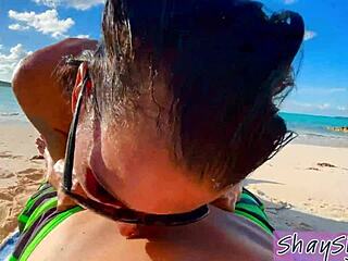 Horny cougar Shay Sights beach blowjob