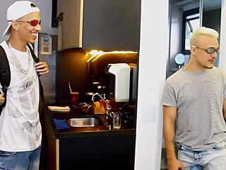 Shared room surprise, huge guy catches young dude staring at his cock in shower.